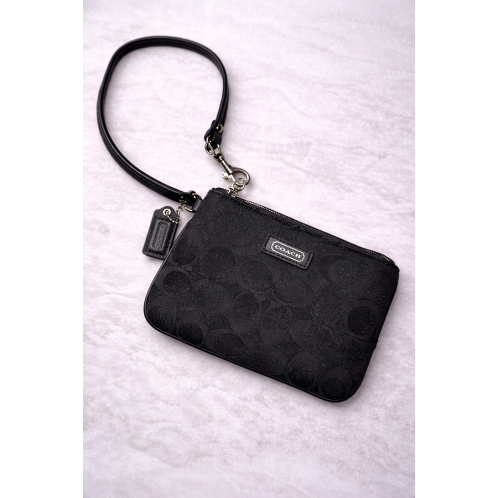 Coach Black Signature Jacquard Wristlet | Small Zip Pouch w/ Strap
